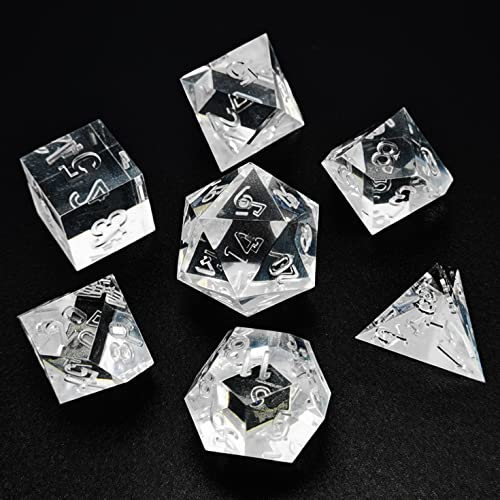 Bescon Crystal Clear (Unpainted) Sharp Edge DND Dice Set of 7, Razor Edged Polyhedral D&D Dice Set for Dungeons and Dragons Role Playing Games, Clear Color