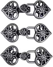 3 Stück Edelweiß Metall Verschlüsse in Herz Form Zierverschluss altsilber zum Annähen 50mm x 19mm