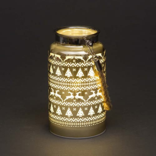 SHATCHI 16cm Christmas Decorated Jar Table Lamp Etched Glass Tube Skandi Design Gold Lantern LED Fairy Lights Battery Operated