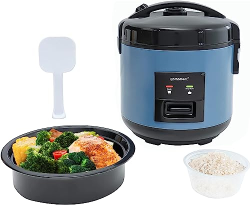 Eamoment 1 l | Cuiseur à riz et cuiseur vapeur 400 W (1 l à 5 tasses) pour 1 à 5 personnes Cuisson rapide sans brûler Revêtement antiadhésif amovible, cuillère à riz et gobelet doseur, bleu