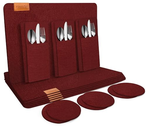 shinfly Tischsets Abwaschbar Platzsets aus Filz 18er Set, Abwischbar Tischsets, Hitzebeständig rutschfest Platzdeckchen mit Untersetzer, BestecksäCken für Küche, Speisetisch, 44x31cm【Burgunderrot】