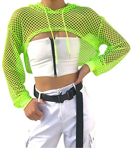 Neon Green Mesh Fishnet Long Sleeve Top - Sexy Crochet See Through Party Clubwear Summer Beach Cover Up & Halloween Shirt for Ladies UK 12-14