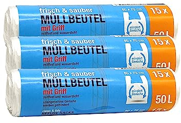 Müllbeutel Premium-Edition - Besonders reißfest und wasserdicht - Mit praktischem Trage-Griff für einfache Entsorgung und saubere Mülltrennung (50 Liter - 3 Rollen)