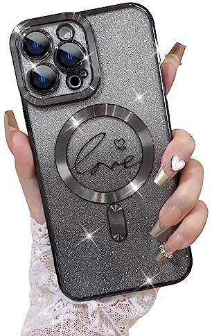 Fiyart Kompatibel mit iPhone 12 Pro, kompatibel mit MagSafe Love Heart Plating Kameraschutz, TPU, magnetischer Glitzer, für Damen und Mädchen, stoßfest, 15,5 cm, Schwarz