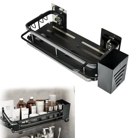 Kikuo Kitchen Sink Caddy Organiser, Stainless Steel Kitchen Washing up Caddy with Brush Holders, Sink Tidy with Removable Drip Tray, Sink Sponge Holder and Cloth Hanger, Black