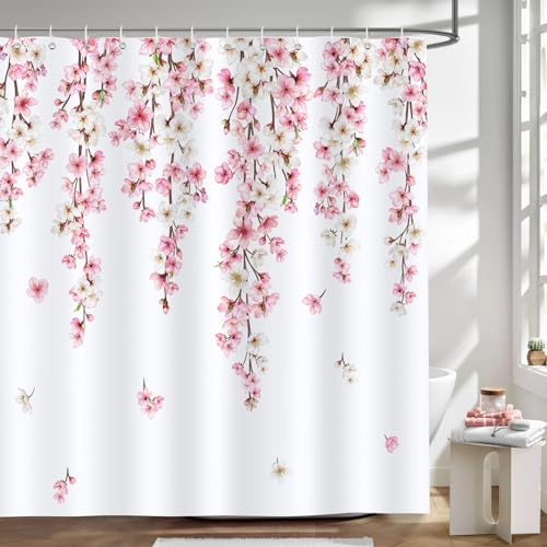 Bonhause Tenda Doccia Rosa Fiori di Ciliegio Sakura Primavera Pianta Tende per Doccia in Poliestere Impermeabile Antimuffa Lavabile Tende Bagno 180 x 180 cm con 12 Ganci