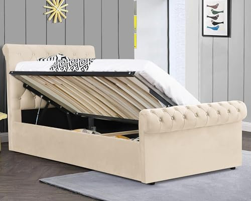 Single Ottoman Bed Frame Upholstered Bed UKFR Velvet Beige Ottoman Storage Bed with Gas Lift End Opening Wooden Slats with Storage Bed (3ft Single 90 x 190, No Mattress)