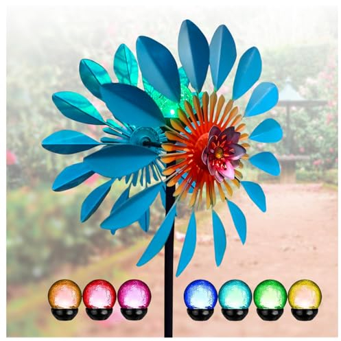 Solar Windrad Metall Garten Windrad Garten Metall Gross XXL, 190x42cm wetterfestes LED-Beleuchtung Windspiel Garten Stehend FüR Terrasse Und Garten,Blue