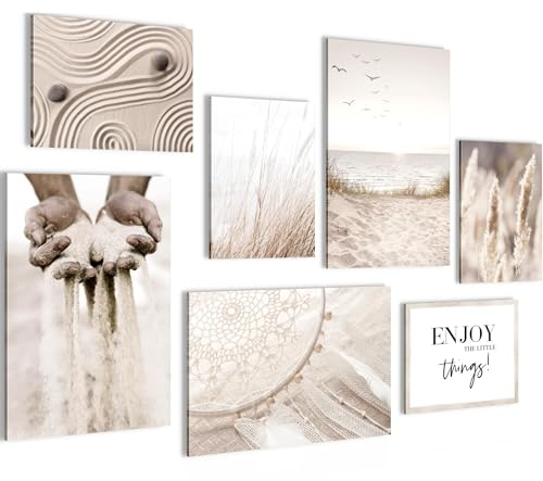 Novart Wandbilder Boho Pampasgras - KOMPLETT AUFHÄNGFERTIG - Beige Sand Wohnzimmer Schlafzimmer - 7 Moderne Mood-Bilder - N003572a