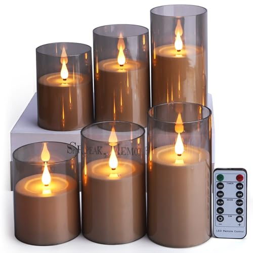 FREEPOWER 6er LED Kerzen Grau Acryl mit Fernbedienung Timer Flackern Batteriebetrieben Flammenlose Stumpenkerzen Elektrische Warmweißes Licht, Ø8 x 10/10/12.5/12.5/15/15cm