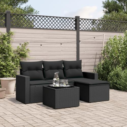 Homgoday 5-TLG. Gartensofa Set mit Kissen Gartenlounge Sofa mit Stauraum Balkonsofa Balkonmöbel Lounge Sofa Ecksofa mit Gartentisch Sitzgruppe Gartenmöbel Set Schwarz Poly Rattan