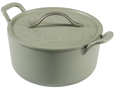Bloomhouse Dutch Oven aus Gusseisen mit geprägtem Deckel, europäischer Emaille und Olivenholz, matt, Salbei, 7 l