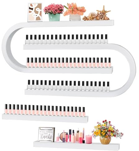 Kalolary U Shape Metal Wall Mounted Nail Polish Storage Racks, White Display Rack Cosmetic Display Case Lipstick Perfume Wall Shelf Essential Oil Organizer for Nail Polish Bottles Spa Nail Salon Shop
