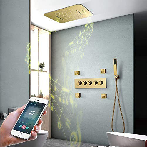 DSeenLeap Ducha de Lluvia LED clásica Dorada, Juego de Ducha de Lluvia Musical de 21 x 13 Pulgadas con Cabezal de Ducha en Cascada, chorros corporales de Masaje y Grifo de Ducha termostático de Mano