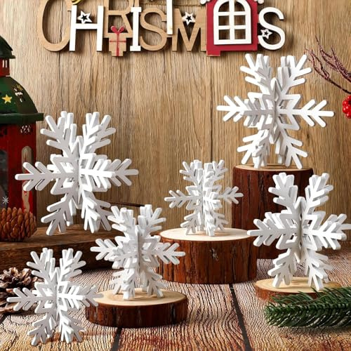 KAHEIGN 24Pcs Weihnachten Schneeflocken Deko Weiß, 3D Christbaumschmuck Holz Deko, 8cm / 11cm / 14cm Weiß Schneeflocken Tischdeko Holz Weihnachtsbaumschmuck Holzscheiben für Weihnachtsdeko Tisch
