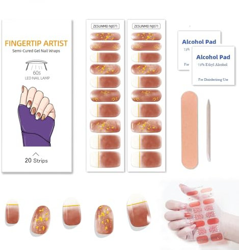 Zytuuob Semi Cured Gel Nail Strips, Works with Any Nail Lamps, Salon-Quality, Long Lasting Waterproof, for Fingernails Decor Manicure - includes 2 Prep Pads, Nail File & Wooden Stick. (70)