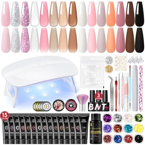 COSCELIA Ongle Gel Kit Complet avec Lampe 44PCS, 15x16ML Poly Nail Extension Gel Pailleté Rose Blanc Transparent Acrygel Slip Solution, Base et Top Coat Faux Ongles Manucure Outils Nail Art Kit