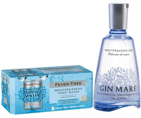 Gin Mare und FEVER-TREE Mediterranean Tonic Water - Cocktail Set - 1x 0.7L Premium Gin mit 8-Pack 150 ml Tonic Water - Das Premium Gin und Tonic Set, für einen Cocktail mit mediterranem Twist