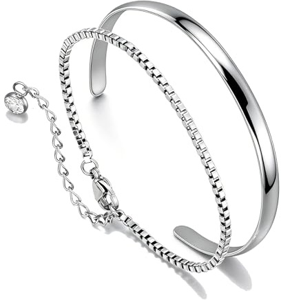 MILAKOO 2 Stück Edelstahl Silber offener Armreif Manschette für Männer Frauen Box Kette Armband Mode stapelbar Jewerly Geschenke