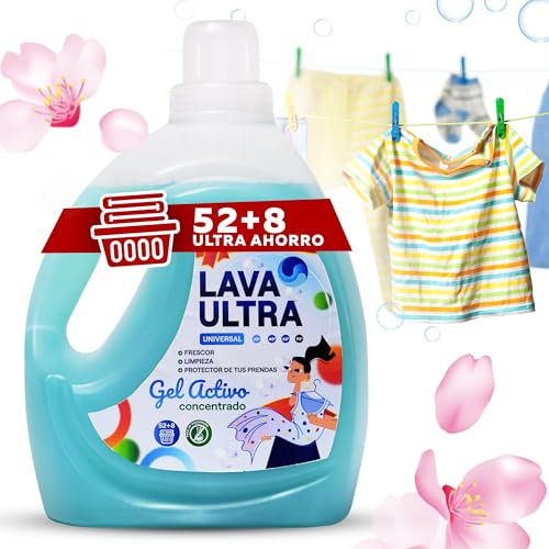 Lava Ultra Gel Activo 3L x 6ud. (360 lavados) - Detergente Líquido Concentrado para Lavadoras, Sin Fosfatos, Apto para Todo Tipo de Telas, Suave y Fresco, Fabricado en España