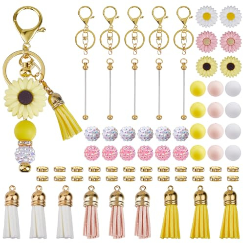 SUNNYCLUE DIY 6 Sets Keychain Making Kits Keychain Bar Bulk Daisy Flower Bead Round Silicone Focal Beads Beaded Keychain Bars Beadable Keychains for Women Adults Gift Holiday Party Favor Supplies