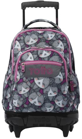 TOTTO - Mochila Escolar con Ruedas, Modelo Renglones, Capacidad 26,21 Litros, Bolsillo para PC 14, Bolsillo Botella, Correas en S para Mayor Comodidad, Resistente, Estampado Kitten Rose