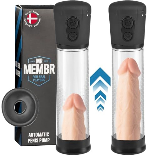 MR.MEMBR Automatic Penis Pump - Instant Penis Enlarger Cock Pump | 29.5 cm long, 6.3 cm diameter, 2.7 cm inner diameter, 3 x AAA (Not included), ABS-plastic, Use with water based lube, Clear