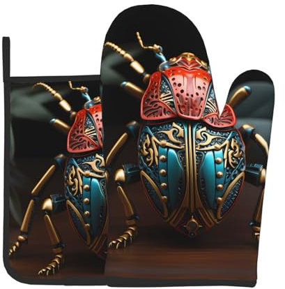 LLKGOT Buntes Käfer-Druck-Ofenhandschuhe und Topflappen-Set zum Öffnen des Deckels des Topfes in der Küche, Mikrowelle, Backofen