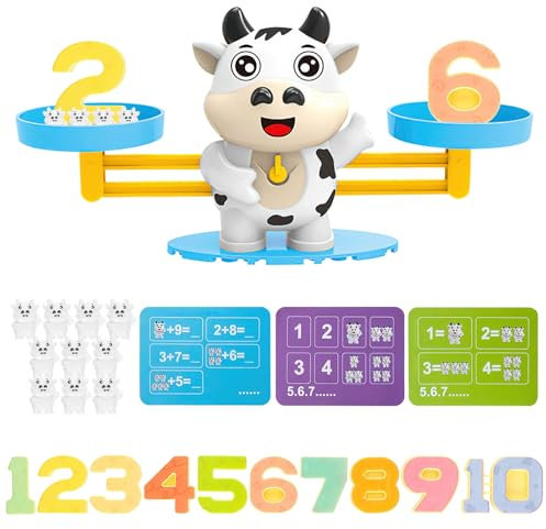 LongZYU Mathe Waage Montessori Spielzeug Mathematik Kinderspielzeug Lernspielzeug Lernspiele Montessori Geschenk für Kinder Jungen Mädchen 4 5 6 Jahre Zählen und Rechnen Lernen (Milchkuh)