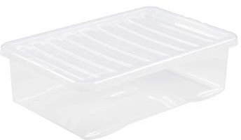 Wham Crystal Plastic Storage Boxes With Lids Home Office Stackable Nestable Container Box, 32L Easy fit Underbed Protective Storage Box, 60 x 40 x 18 cm - Tint Clear (Set of 5)