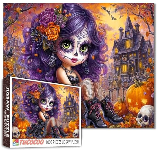 Halloween Gothic Girl Puzzle for Adults 1000 Piece Purple Hair Sugar Skull Day of The Dead Jigsaw Puzzle Spooky Haunted House Puzzle Fall Aesthetic Decorative Puzzles Gift for Women Family Fun Game
