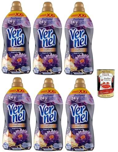 VERNEL Concentrato Aromatherapy Fiori Di Loto, Weichspüler, parfümierte konzentrierte Waschmaschine, intensive Frische und Weichheit, 6x 1,9 -Liter XXL -Verpackung + Italian Gourmet polpa 400g