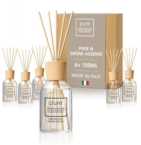 PURE ROOM EDITION 6x 100ml Pinie & grüne Akzente Raumduft SparBox | natürliche Inhaltsstoffe, vegan & tierversuchsfrei, Bio-Alkohol, Diffuser mit Stäbchen hergestellt in Italien