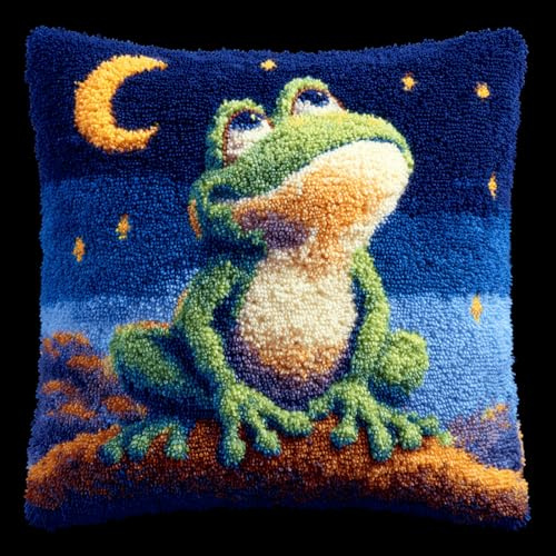 ANSIWEIGO Knüpfhaken Kissen Kits für Kinder oder Anfänger Erwachsene,Cartoon-Frosch,Knüpfteppich Zum Selber Knüpf-Sets Kissenbezug Teppich Stickerei Set DIY Latch Hook Cushion 43x43cm