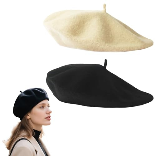 PUERFOCA 2 Stück Französische Klassische Baskenmütze für Erwachsene, Klassisch Plain Französischer Stil Barett, Vintage Künstler Barrett, Wintermütze Barett, Einheits größe(Schwarz, Beige)