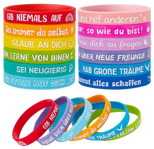 24 Stück Motivationsarmbänder Kinder auf Deutsch, Silikon Armbänder Kinder mit Positiven Sprüchen, Einschulung Geschenk, Geburtstag Grundschule Abschiedsgeschenk Kindergarten für Teenager Schulkinder​