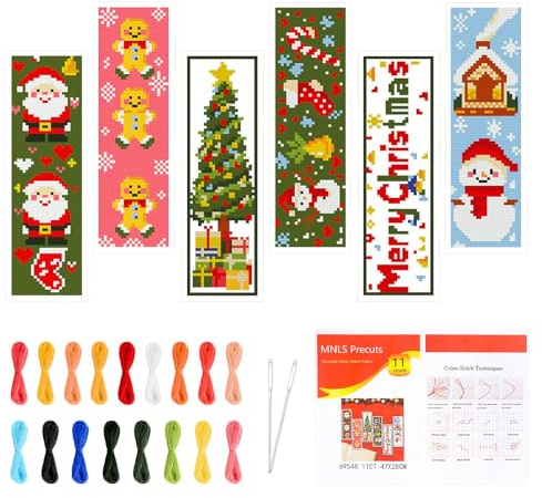 JSRQT 6 Set Kreuzstich Lesezeichen,Christmas Gestempelte mit Anleitung,Ideal für Anfänger, Erwachsene & Buchliebhaber als Geschenk Weihnachten,8''x2.4 (20 x 6cm)