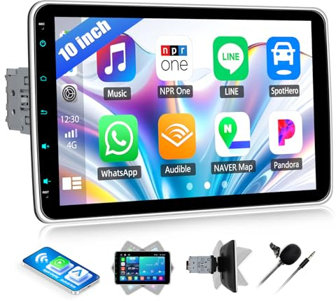 SIXWIN Autoradio 1 DIN avec Écran Carplay Voiture 10.1 Détachable & Réglable | CarPlay & Android Auto sans Fil/Filaire | Bluetooth 5.2, FM/RDS Radio,USB/Type-C | IPS 1280x720 | Commandes au Volant