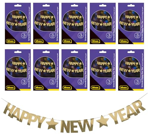 Idena 90463 - Girlanden Happy New Year, 10 Stück, ca. 3 m lang, Papiergirlanden mit goldenen Buchstaben, Silvesterdeko zur Neujahrsparty