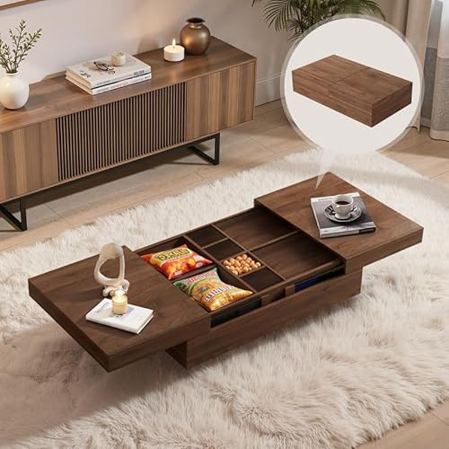 TFFCIC Extendable Walnut Coffee Table with Storage, Mid-Century Modern Low-Profile Tea Table with Hidden Compartments for Living Room, Sliding Extension 120cm - 208cm (47-82)