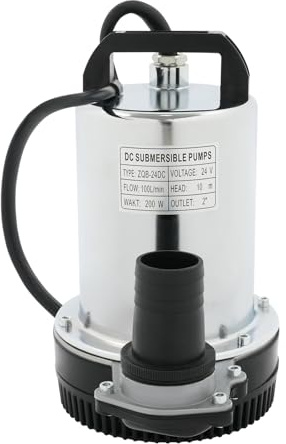 Bomba sumergible de acero inoxidable de 24 V y 200 W, con salida de 2 pulgadas y 3 adaptadores de manguera, altura de extracción: 10 m, 100 L/min