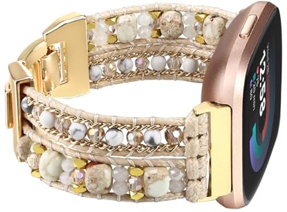 Wingoden Ersatzarmband für Fitbit Versa 4/3/Sense 2/Sense Band für Damen, Leder, Beaded Watch, Naturstein, Boho-Uhrband, für Fitbit Versa 4 Band