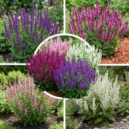 FLORIUM Winterharte Salvia Stauden Kollektion (10 Pflanzen/Zwiebeln), Mix von 5 Sorten für Garten, 2 von jeder Farbe, große mehrjährige Pflanzen aus Holland, Weiß-Rot-Rosa-Violett Hybriden