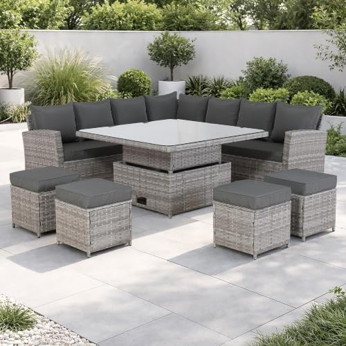 SPRING GARDEN FURNITURE 11 Seater Rattan Garden Furniture Set, L Shaped Corner Sofa with Rising Dining Table, Outdoor Wicker Patio Furniture for Garden Patio Conservatory, 4 Footstools & Cover (Grey)