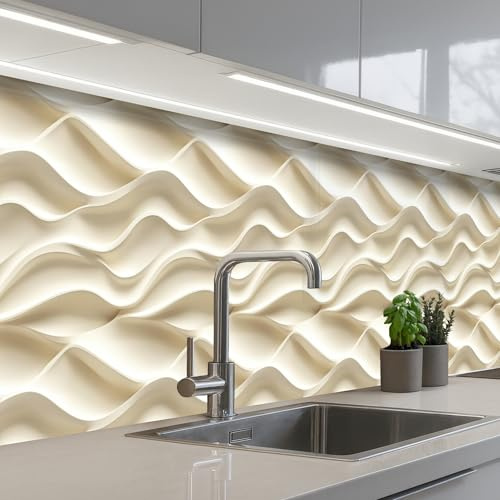 KitchenYeah© Splashback for kitchen 24x138 / 60x350 cm self-adhesive Sink Splash Splatter Guard Splashbacks Walls Lines - Wavy - Cream