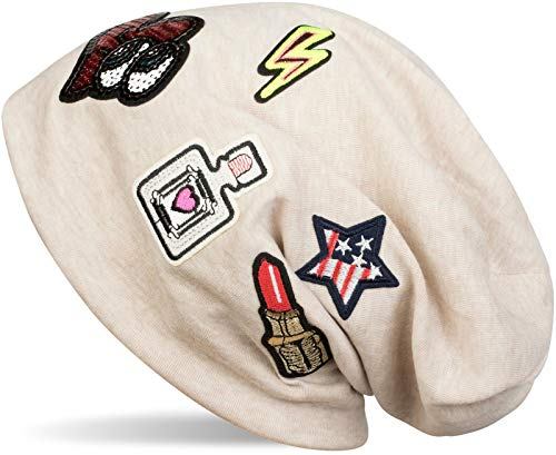 styleBREAKER Beanie Mütze mit coolen Patches, Lipstick, USA Stern, Blitz, Pailletten Herz, Slouch Longbeanie, Unisex 04024101, Farbe:Beige meliert