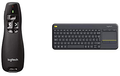 Logitech R400 Wireless Presenter/Presentation Clicker, Intuitive Slideshow Control, Black & K400 Plus Wireless Touch Keyboard for Windows, Android and Chrome - QWERTY, UK Layout, Black