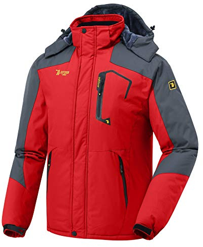 donhobo Herren Winter wasserdichte Winddichte Winterjacke Warme Fleece-Futter Ski Jacken Regenmantel mit Kapuze Rot M