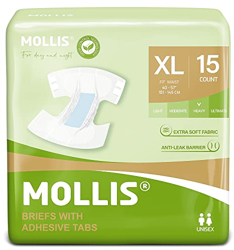 MOLLIS Windeln für Erwachsene, Windelhosen für Männer und Frauen, Inkontinenz Slip mit Tabs, maximale Saugfähigkeit, Auslaufschutz über Nacht, Unisex, Größe XL, 60 Stück