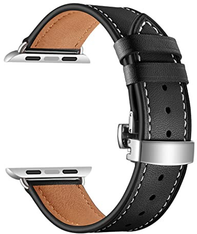 Correa de cuero para Apple Watch Band 41mm 40mm 38mm Correa de cuero genuino Pulsera de repuesto para iwatch Ultra Series 8 7 6 SE 5 4 3 2 1, Botón De Plata Negro